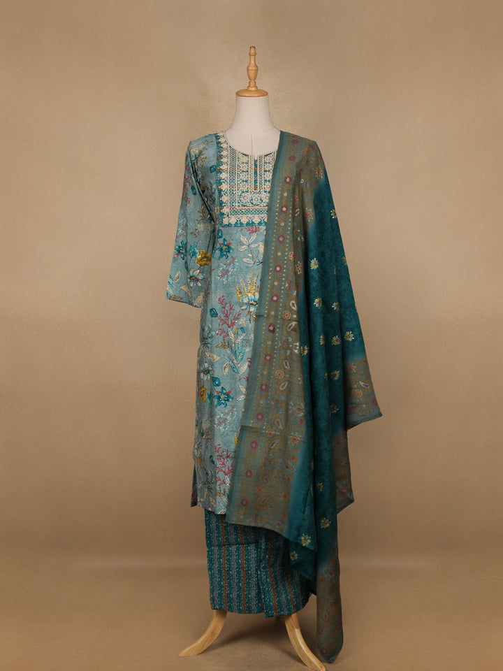 Green Floral Printed Cotton Salwar Suit - Diadem
