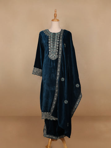 Blue Floral Designed Velvet Co Ord Salwar Suit - Diadem