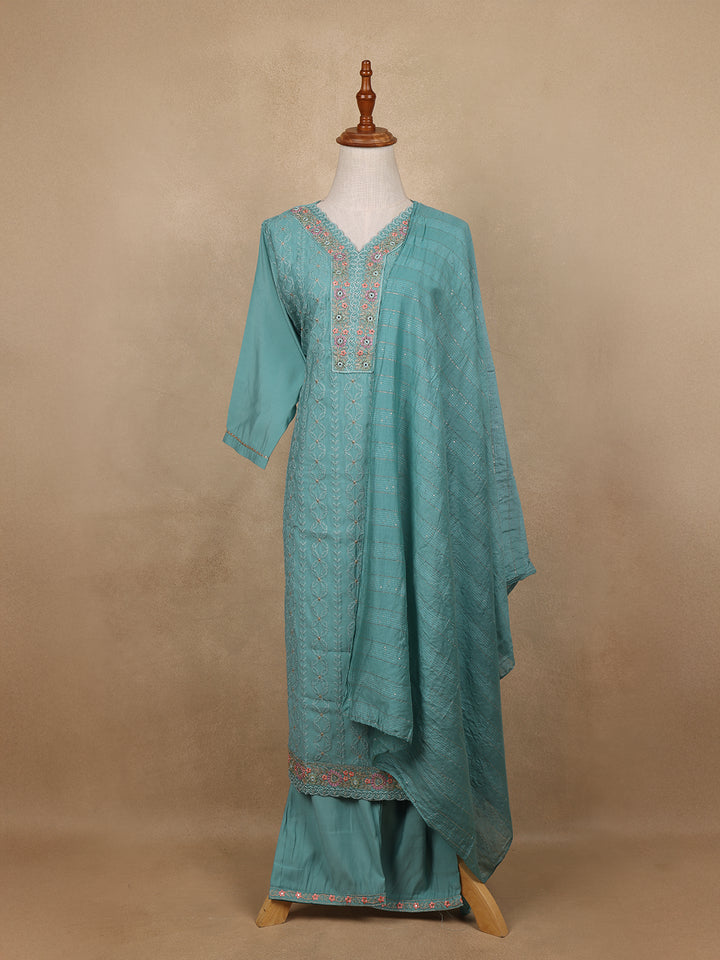 Light Blue Sequins Floral Design Cotton Salwar Suit - Diadem