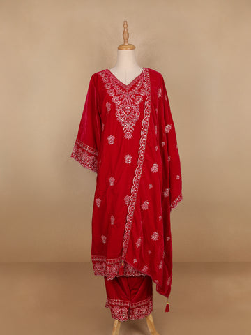 Red Floral Designed Velvet Co Ord Salwar Suit - Diadem