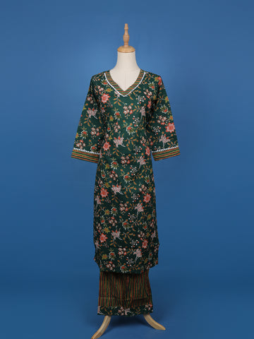 Dark Green Floral Designed Cotton Salwar Suit - Diadem