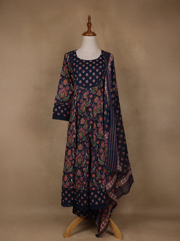 Navy Blue Floral Design Printed Cotton Salwar Suit - Diadem