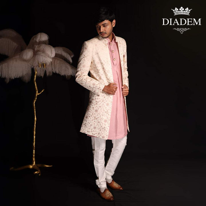 Cream Raw Silk Floral Designed Sherwani Suit - Diadem