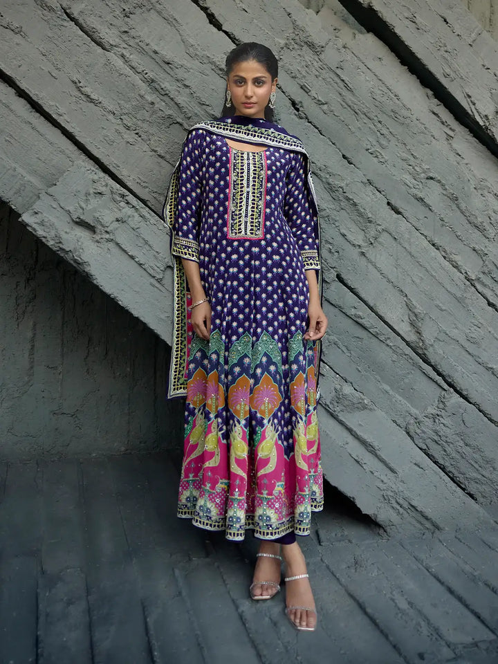 Navy Blue Floral Printed Synthetic Salwar Suit - Diadem