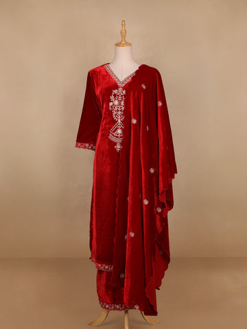 Red Floral Designed Velvet Co Ord Salwar Suit - Diadem