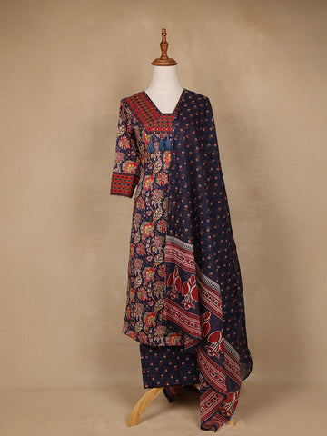 Navy Blue Floral Design Printed Cotton Salwar Suit - Diadem