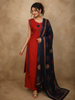 Bright Vermilion Red Mirror Embroidered Design Cotton Palazzo Suit with Dupatta