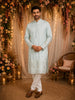 Light Blue Floral Thread Embroidered Design Cotton Men's Kurta