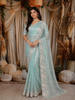 Powder Blue Floral Sequins and Beads Embroidered Design Tissue Fancy Saree with Scalloped Border
