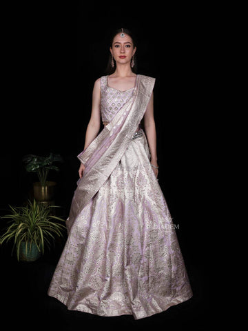 Pale Pink Mirror Designed Banarasi Silk Bridesmaid Lehenga - Diadem