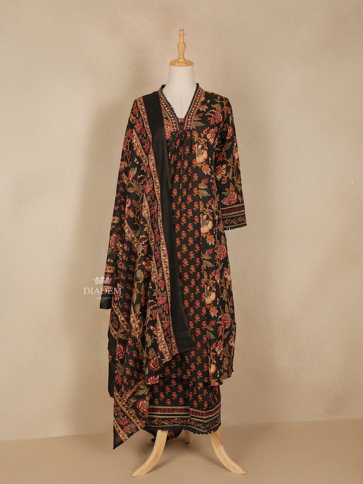 Brown Floral Printed Cotton Salwar Suit - Diadem