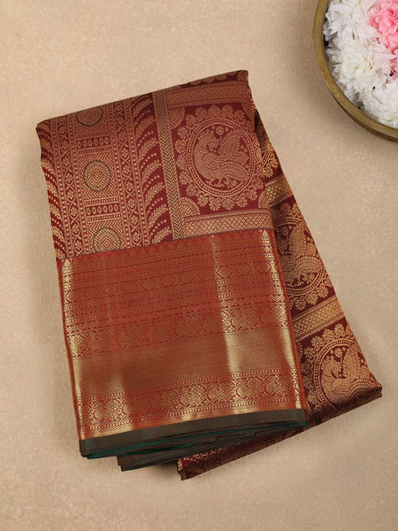 Maroon Peacock Design Traditional Kanchipuram Silk Saree - Diadem