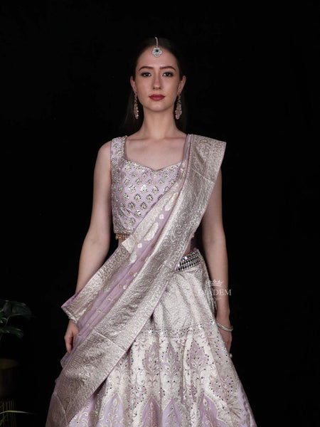 Pale Pink Mirror Designed Banarasi Silk Bridesmaid Lehenga - Diadem