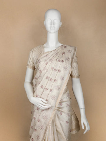 Ivory Floral Designed Semi Tussar Silk Saree - Diadem