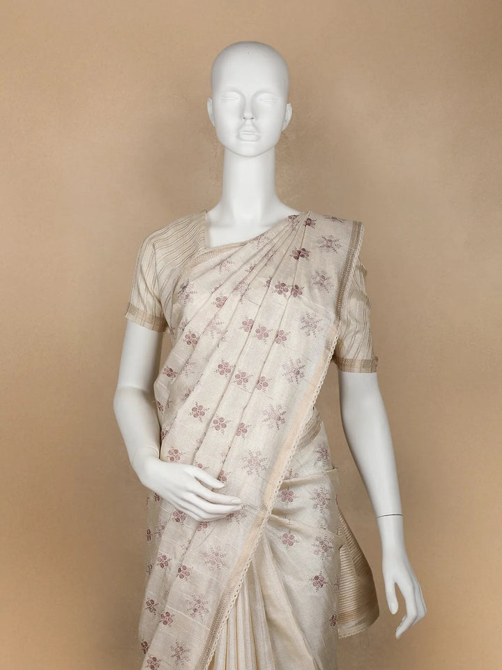 Ivory Floral Designed Semi Tussar Silk Saree - Diadem