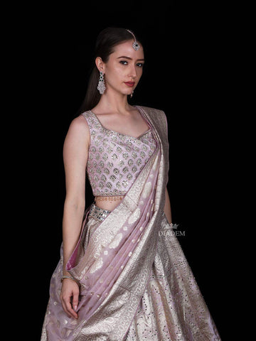 Pale Pink Mirror Designed Banarasi Silk Bridesmaid Lehenga - Diadem