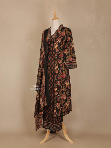 Brown Floral Printed Cotton Salwar Suit - Diadem