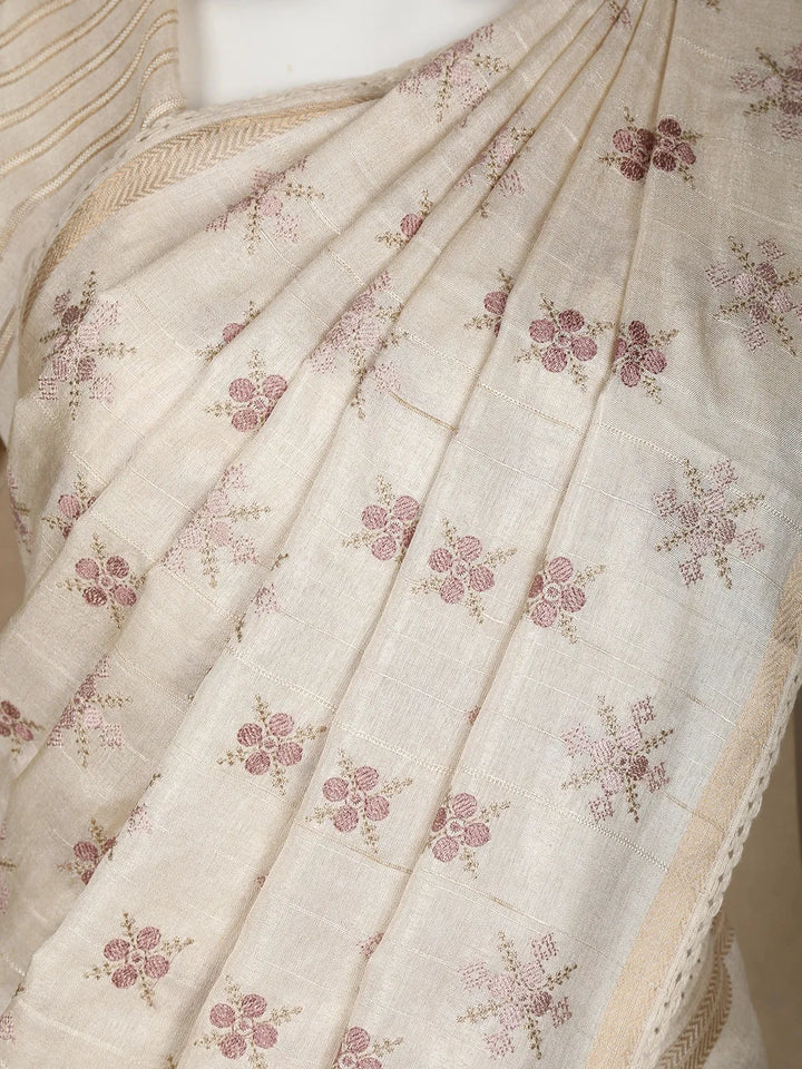 Ivory Floral Designed Semi Tussar Silk Saree - Diadem