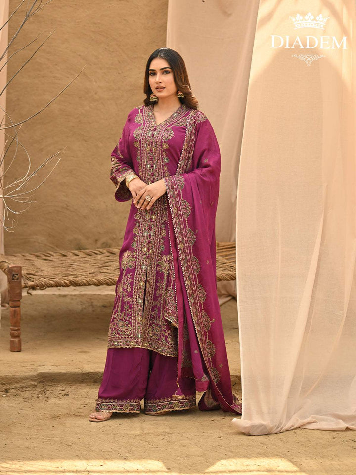 Dark Pink Floral Embroidered Crepe Palazzo Suit - Diadem