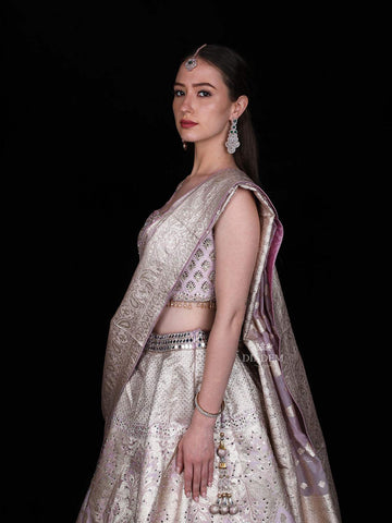 Pale Pink Mirror Designed Banarasi Silk Bridesmaid Lehenga - Diadem