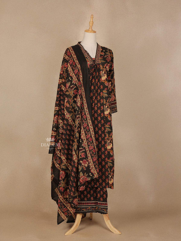 Brown Floral Printed Cotton Salwar Suit - Diadem