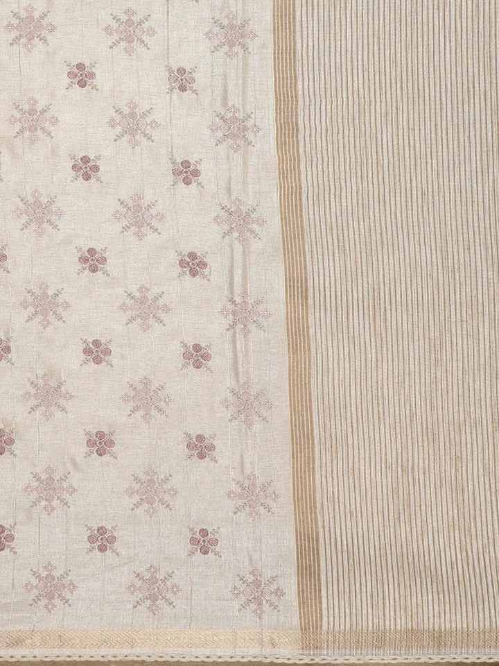 Ivory Floral Designed Semi Tussar Silk Saree - Diadem
