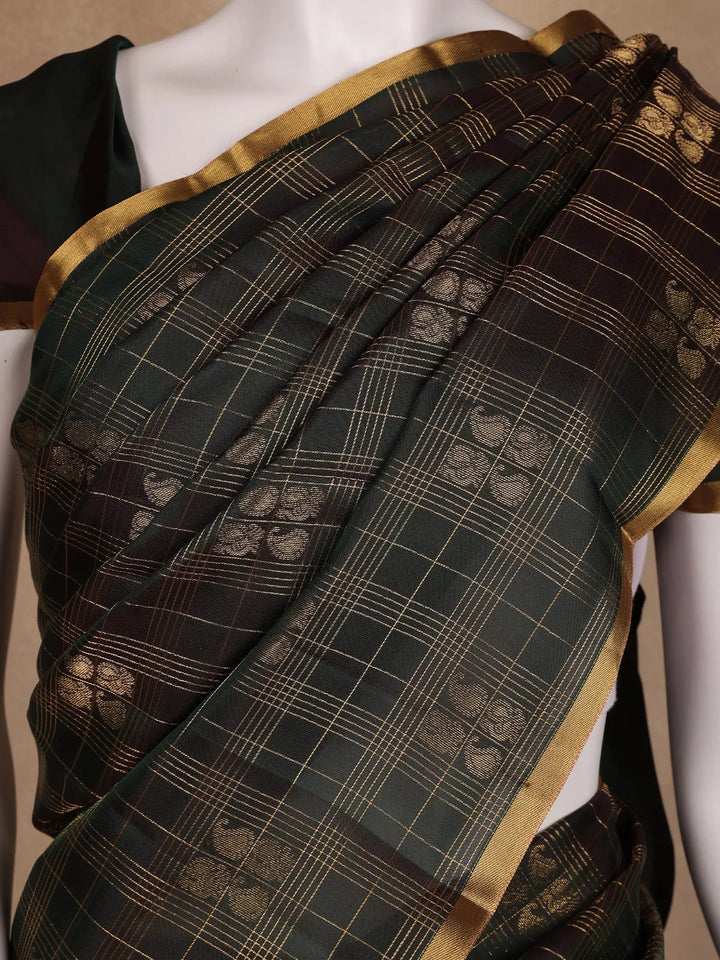 Deep Bottle Green Small Checked Peacock Motif Kanchipuram Silk Saree - Diadem