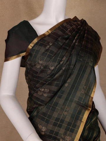 Deep Bottle Green Small Checked Peacock Motif Kanchipuram Silk Saree - Diadem