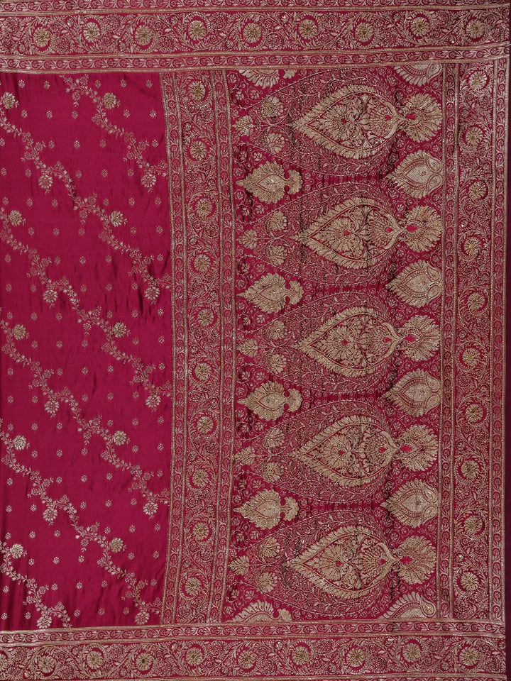 Dark Pink Floral Designed Bridal Banarasi Silk Saree - Diadem