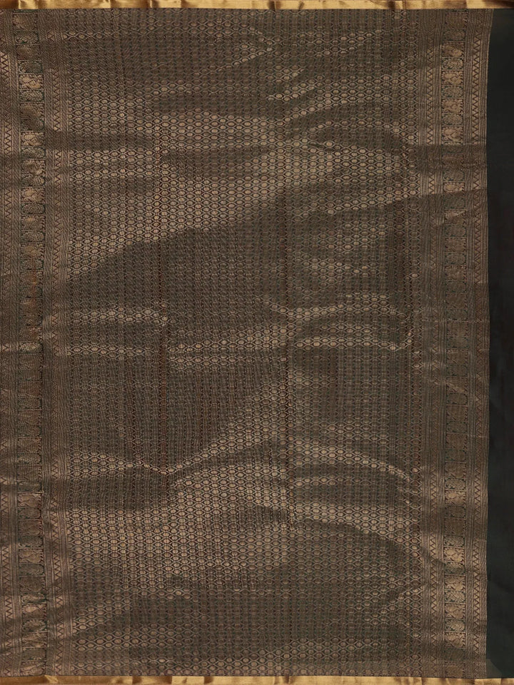Deep Bottle Green Small Checked Peacock Motif Kanchipuram Silk Saree - Diadem