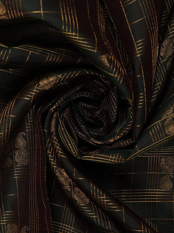 Deep Bottle Green Small Checked Peacock Motif Kanchipuram Silk Saree - Diadem