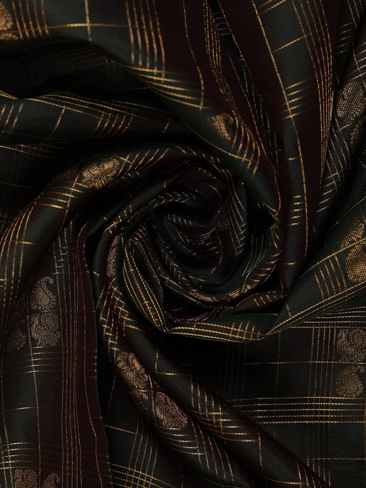 Deep Bottle Green Small Checked Peacock Motif Kanchipuram Silk Saree - Diadem