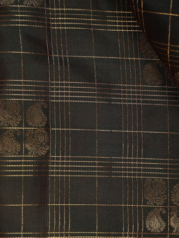Deep Bottle Green Small Checked Peacock Motif Kanchipuram Silk Saree - Diadem