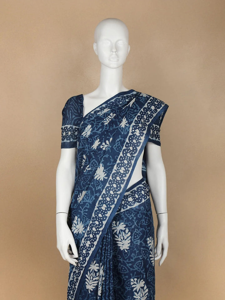 Blue Floral Designed Cotton Saree - Diadem