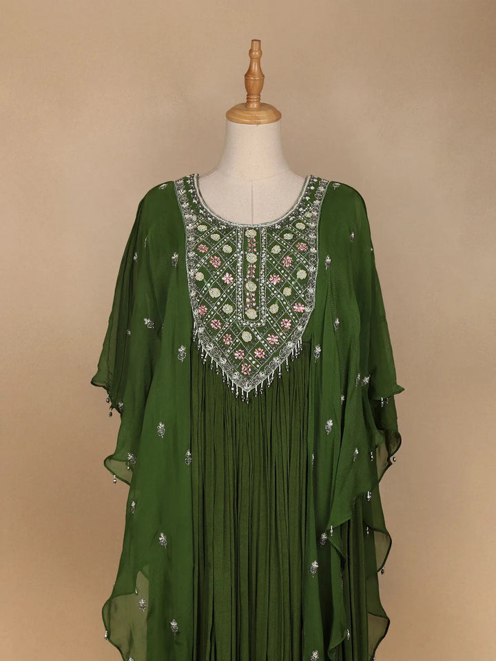 Green Floral Printed IndoWestern Crepe Gown - Diadem
