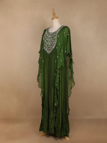 Green Floral Printed IndoWestern Crepe Gown - Diadem