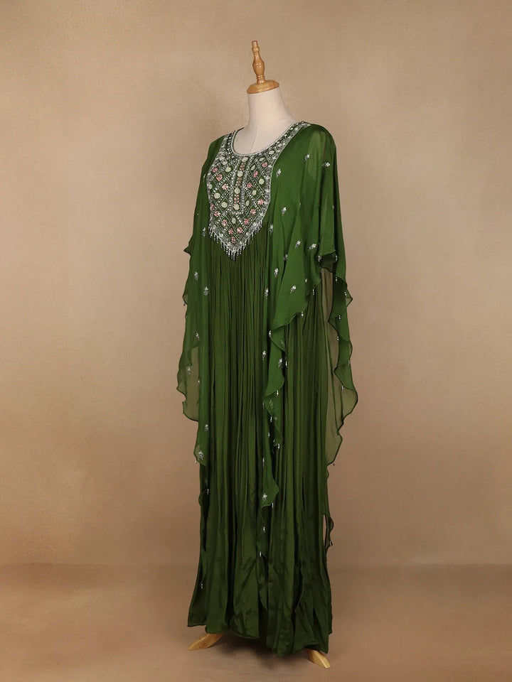 Green Floral Printed IndoWestern Crepe Gown - Diadem