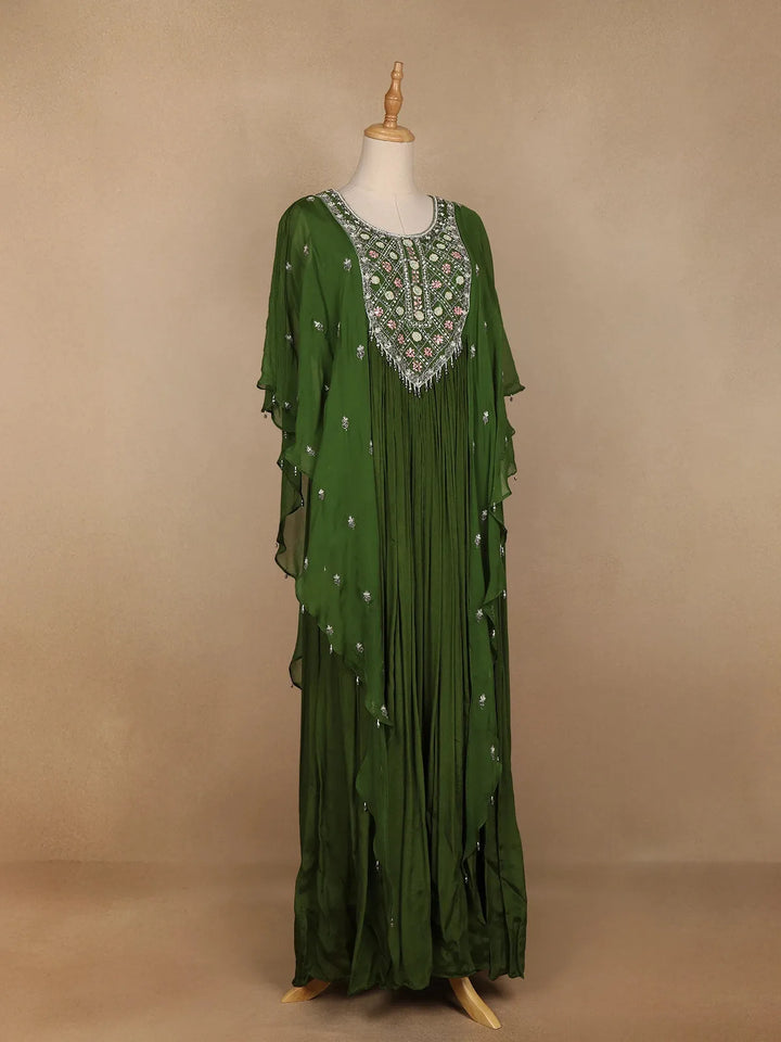 Green Floral Printed IndoWestern Crepe Gown - Diadem