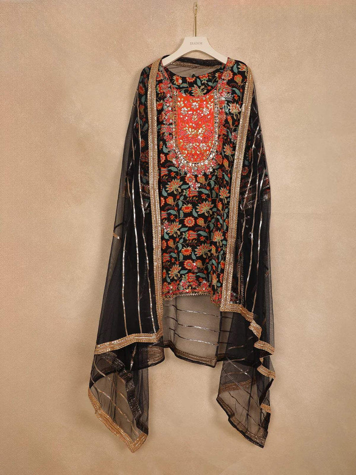 Black Sharara Salwar Suit for Women Adorned with Sequins and Beads Mirror work Paired with Dupatta - Diadem