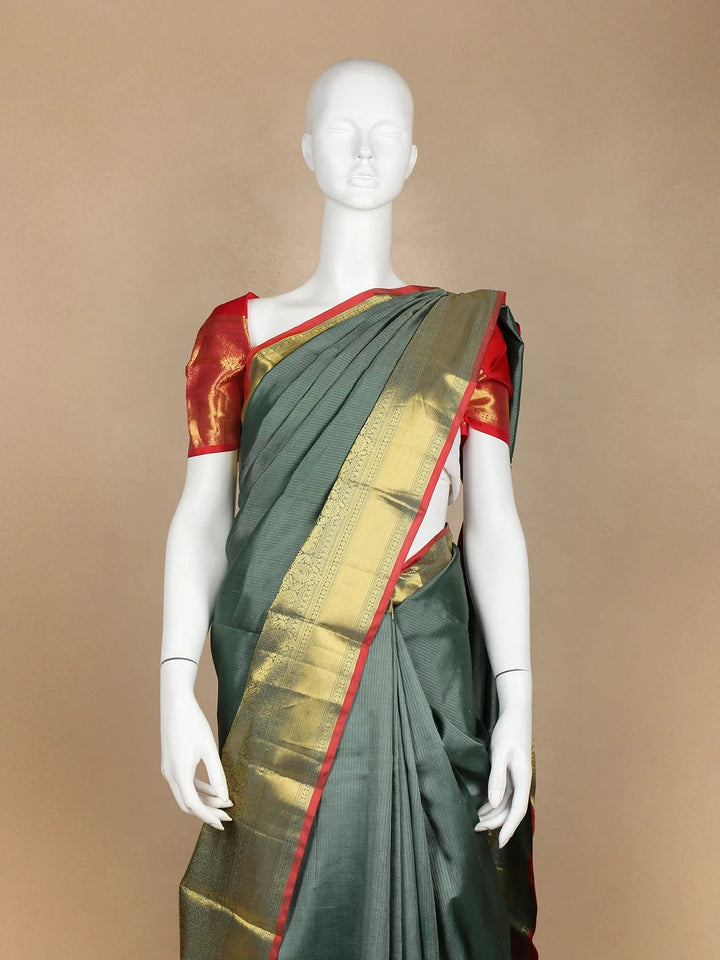 Dark grey Pure Kanchipuram Silk Saree Stipes with Zari Border - Diadem