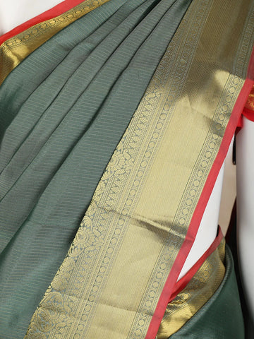 Dark grey Pure Kanchipuram Silk Saree Stipes with Zari Border - Diadem