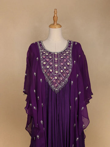 Violet Floral Embroidery IndoWestern Crepe Gown - Diadem