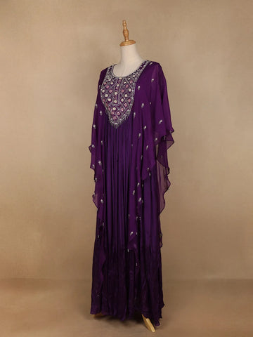 Violet Floral Embroidery IndoWestern Crepe Gown - Diadem