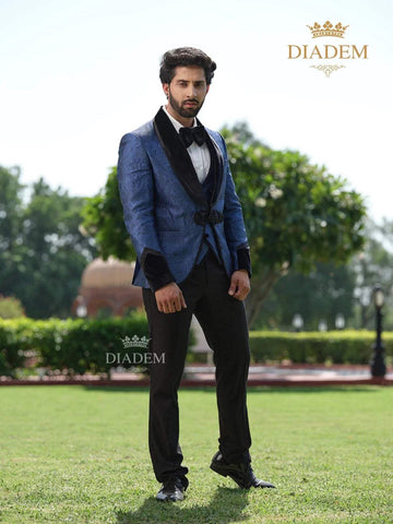 Royal Blue Jacquard 3-Piece Suit with Blazer Coat - Diadem