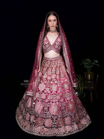 Pink Floral Designed Velvet Bridal Lehenga - Diadem