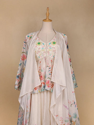 Ivory Floral Printed Crepe Bridesmaids Lehenga - Diadem