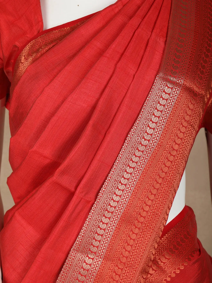 Red Solid Raw Silk Fancy Saree - Diadem