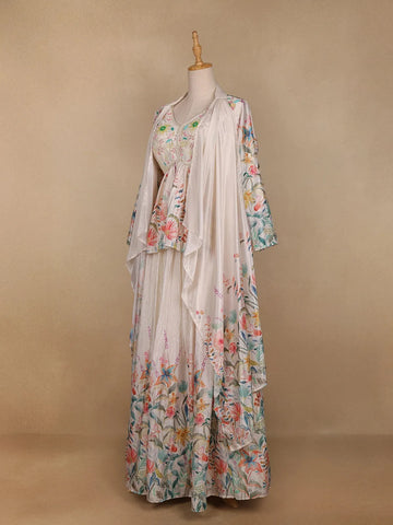 Ivory Floral Printed Crepe Bridesmaids Lehenga - Diadem