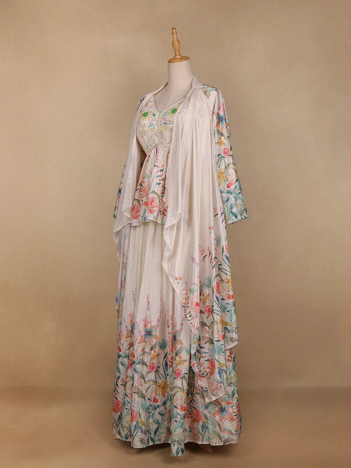 Ivory Floral Printed Crepe Bridesmaids Lehenga - Diadem