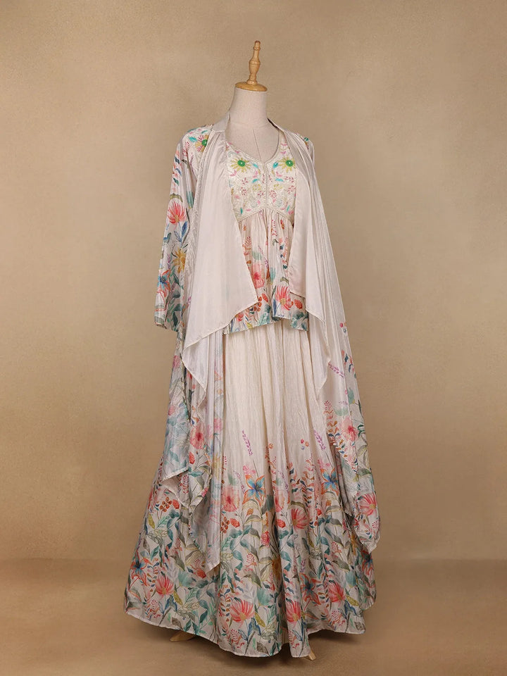 Ivory Floral Printed Crepe Bridesmaids Lehenga - Diadem